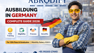 Colorful blog cover image about Ausbildung in Germany showing a student with a backpack and laptop in front of a German cityscape. The design highlights “Ausbildung in Germany – Earn While You Learn” and includes key details like paid training, ideal for 12th pass students and graduates, and German language requirement (B1/B2). The image visually communicates that it is a vocational training program combining work and study in Germany.