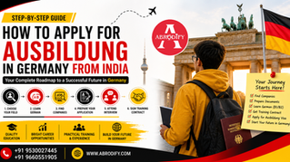 Guide on applying for Ausbildung in Germany from India. Steps, contact info, and banner with a student, German flag, and Brandenburg Gate.