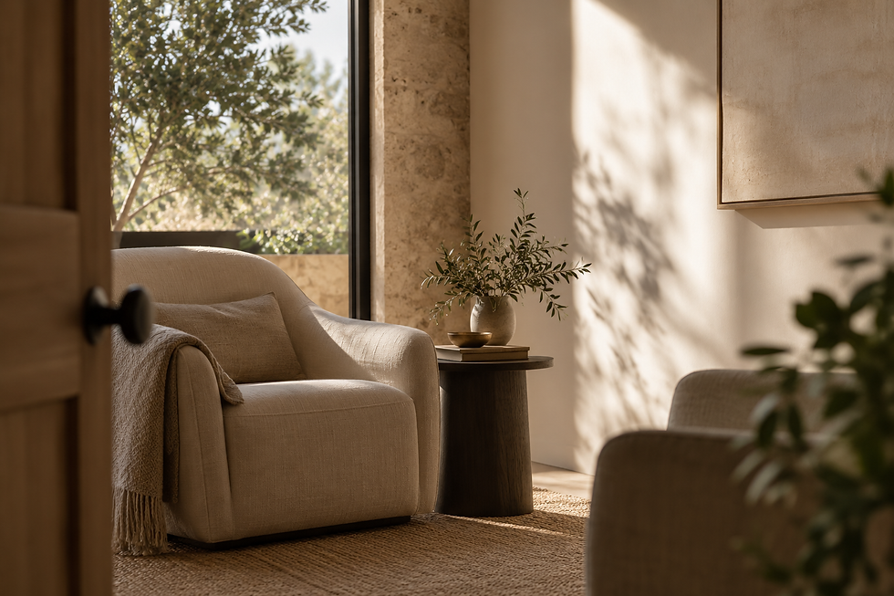 cozy neutral-toned therapy waiting room with soft armchair, throw blanket, side table with vase and greenery, warm natural light