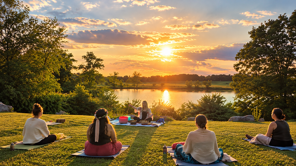 Outdoor Summer Solstice gathering by the water during golden hour