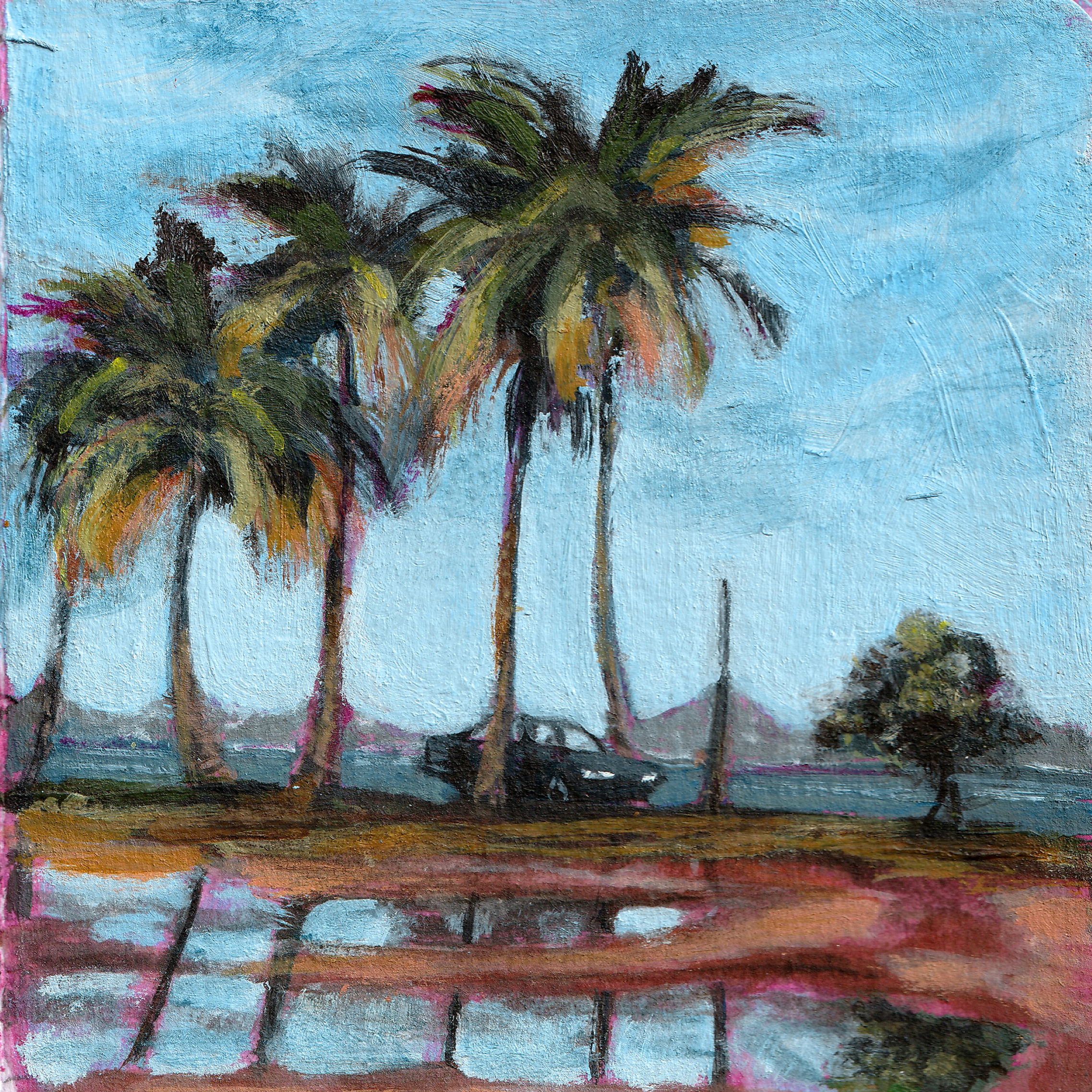 Impressionistic painting, vibrant palm trees, black car, road with reflections.