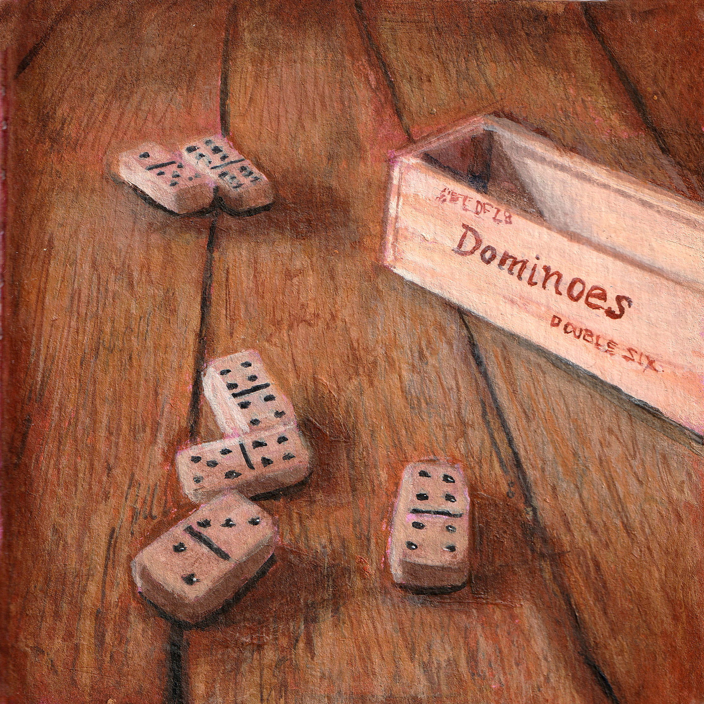 Dominoes game pieces and wooden box 'Dominoes DOUBLE SIX' on rustic wood.