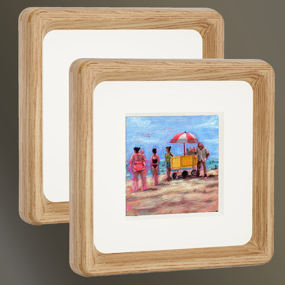 Thumbnail: Two square wooden frames, painting of beach scene with vendors and cart.