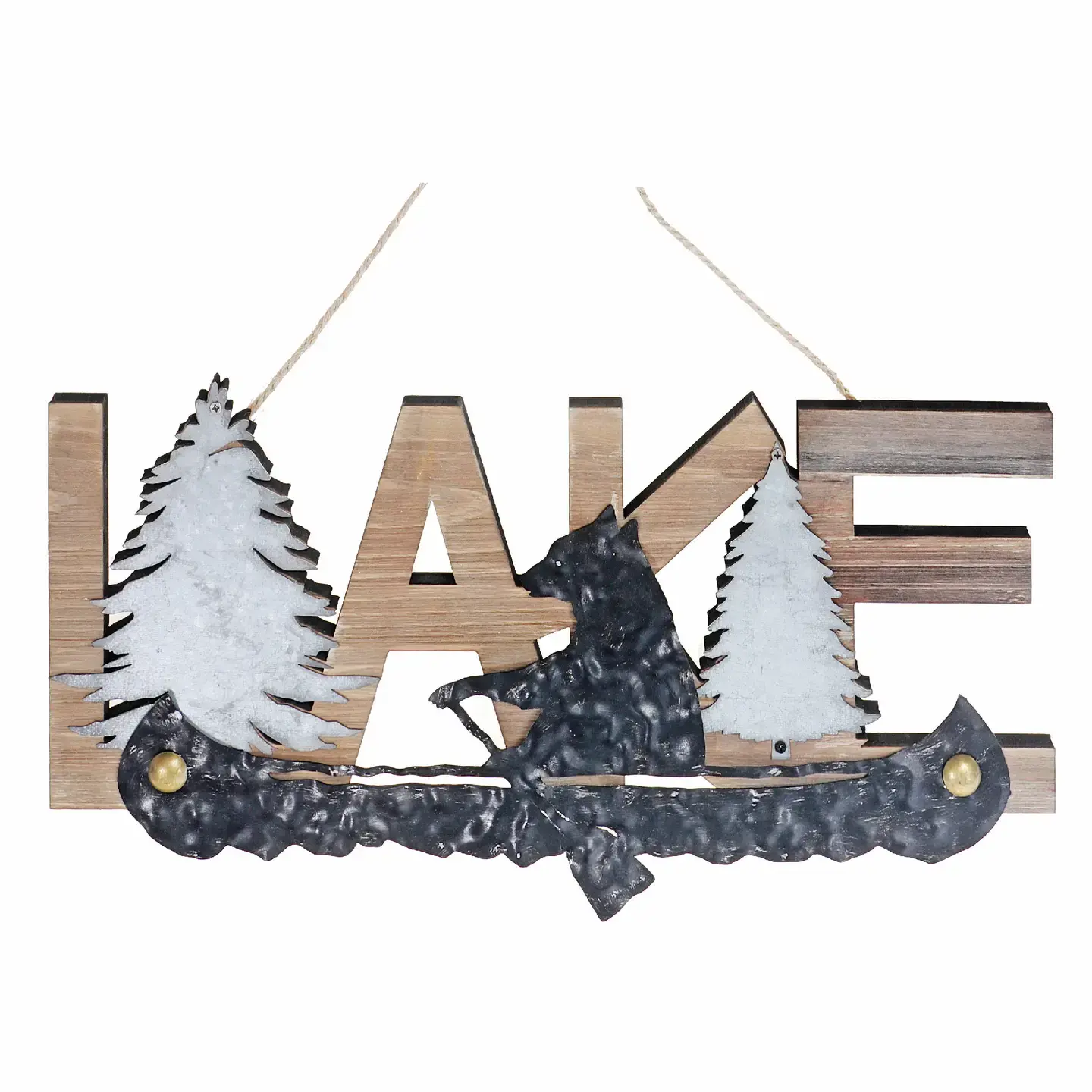 Wooden Lake & Metal Bear On Canoe Wall Decor, each