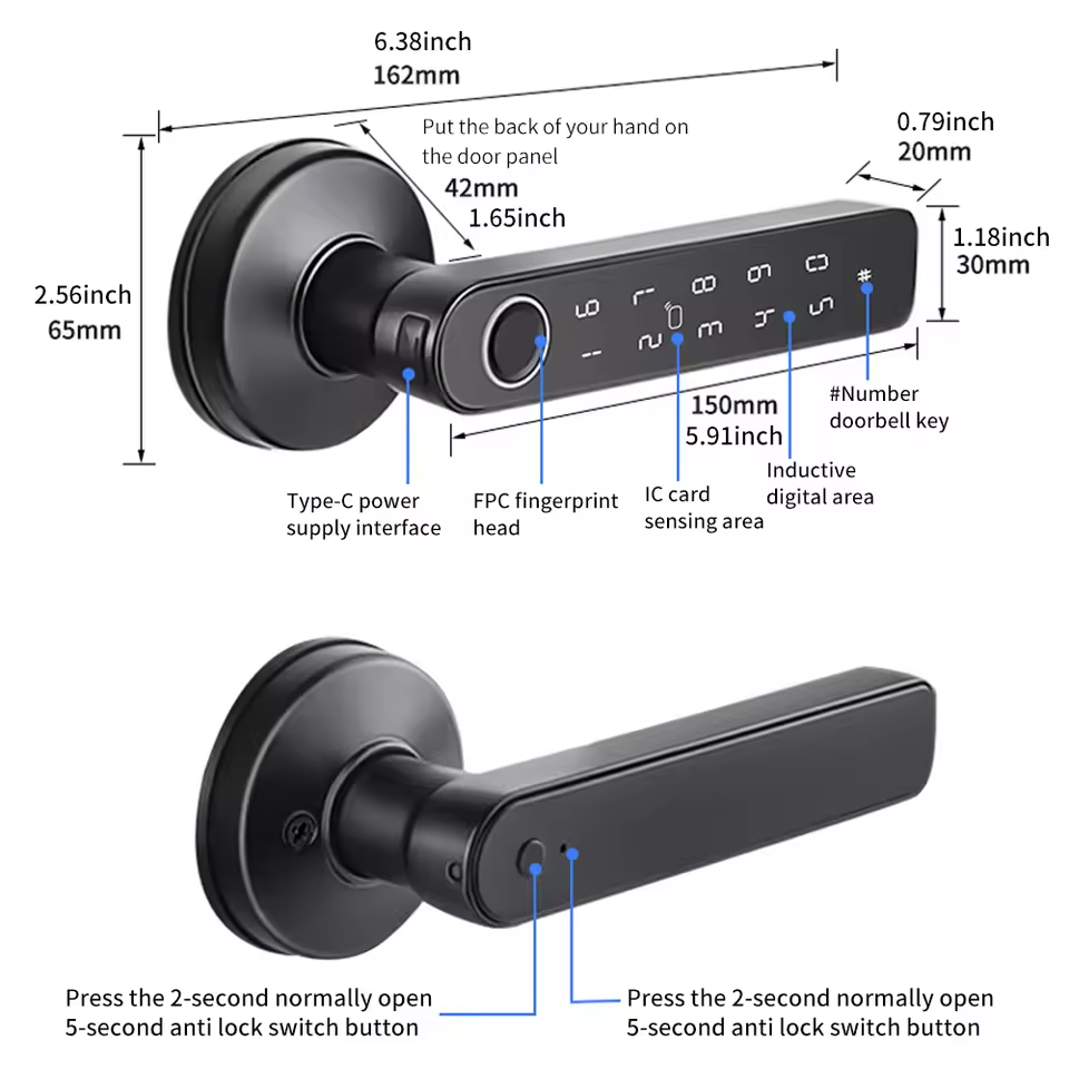 Thumbnail: Tuya App Bluetooth Smart Fingerprint Door Lock Password Mechanical Key NFC Unloc