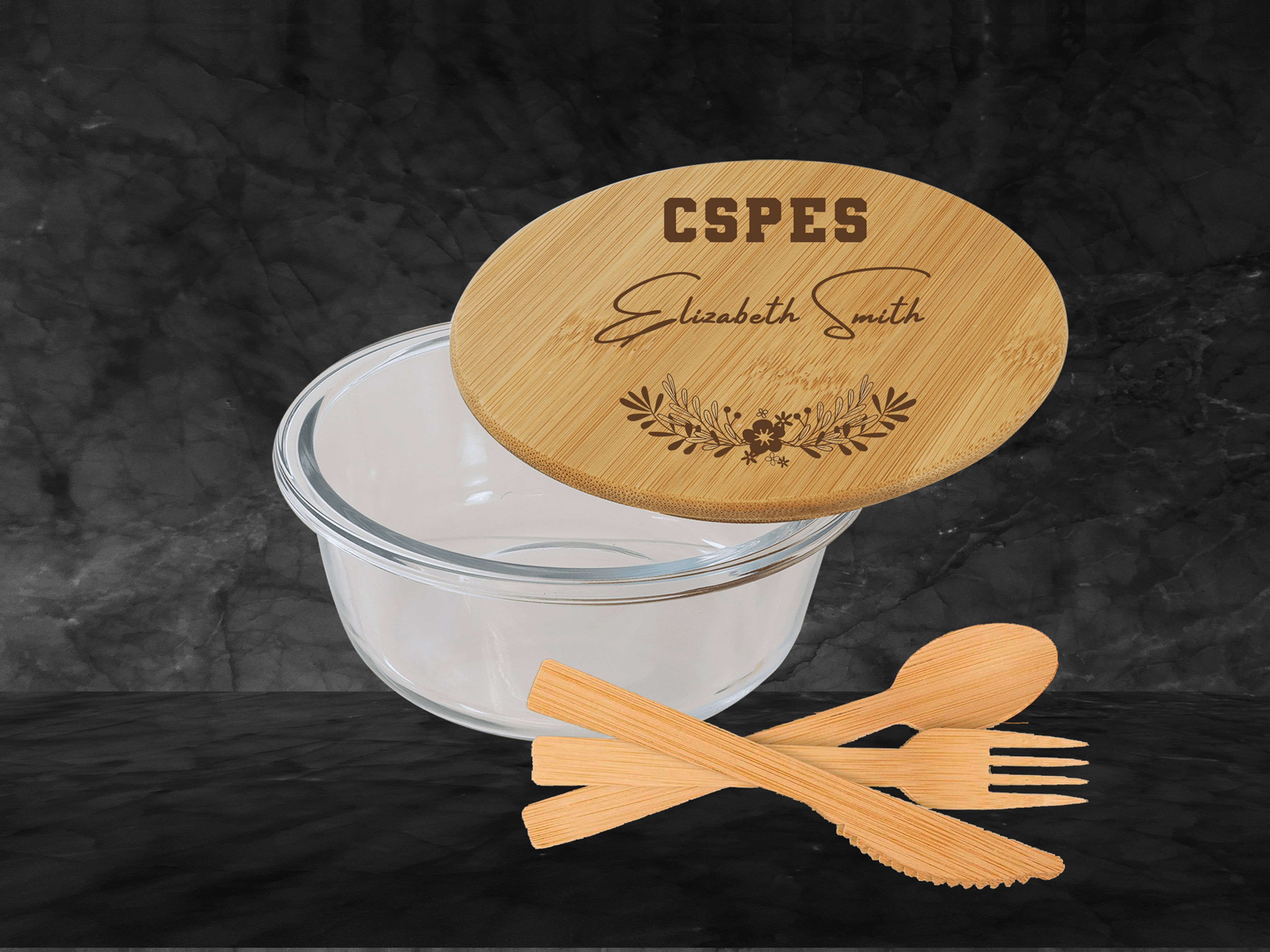 CSPES Glass Container with Bamboo Lid and Utensil Set 44-50 oz.