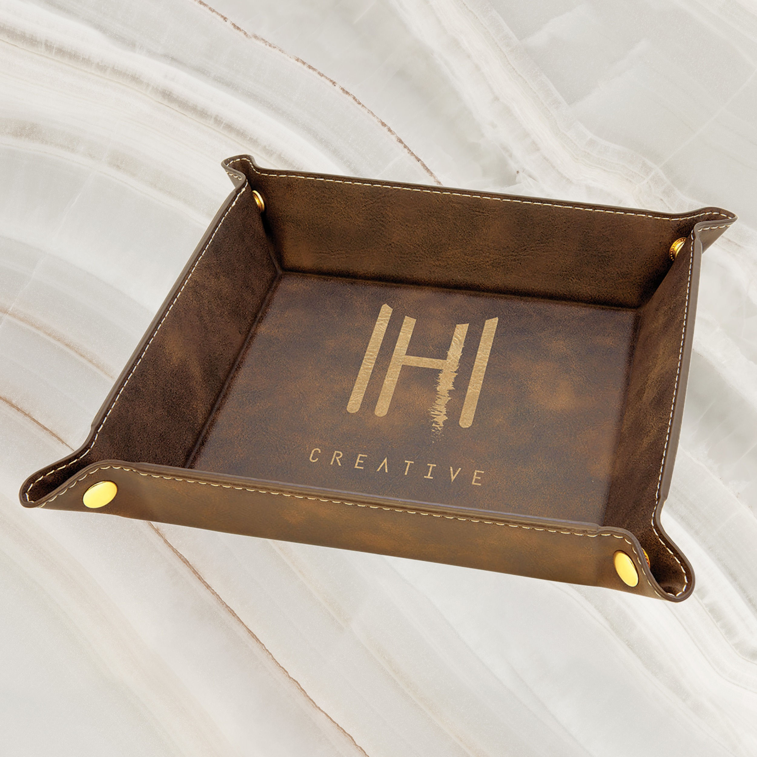 Personalized Leather Snap Up Tray 6x6, Gold Snaps with Text or Logo