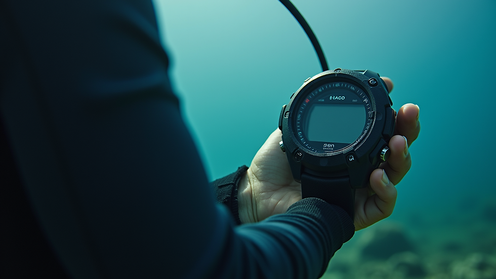 Close-up view of a diver's hand holding a dive computer underwater