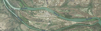 Satellite image of Janjanbureh  McCarthy Island  on the River Gambia, showing the town surrounded by water and vegetation.