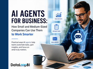 Professional illustration showing an AI agent automating business tasks such as data analysis, workflow management, and real-time decision support for small and medium-sized businesses.
