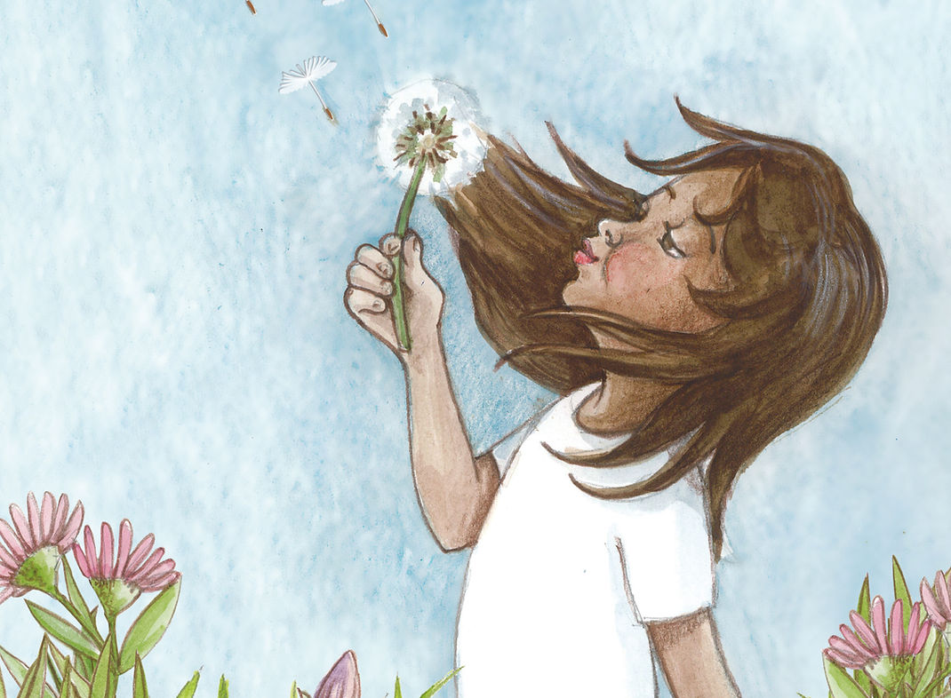 Meisje blaast paardenbloemzaad weg in de wind, bloemen op de voorgrond