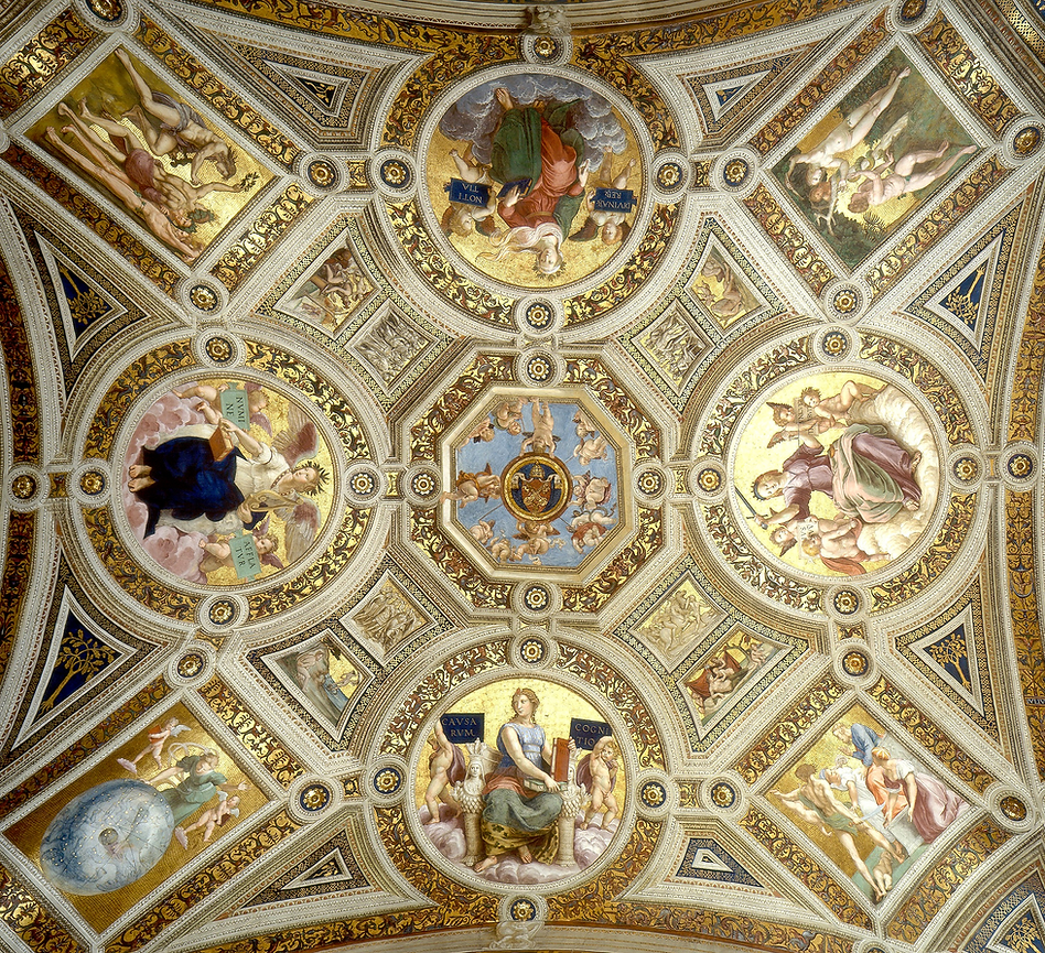 Pinturas-de-Rafaello-Sanzio-“Quatro-Tondi-no-teto-da-Stanza-della-Segnatura-na-Capela-Sistina-em-Roma
São elas a Filosofia, a Justiça, a Poética e a Teologia