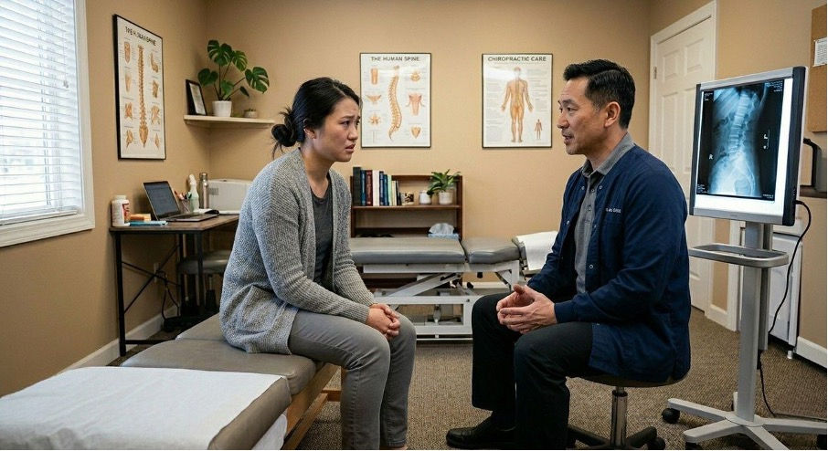 A chiropractor consulting with a stressed-looking woman