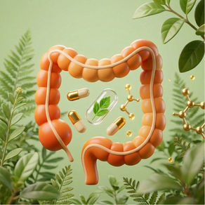 Picture of a gut with vitamins and greens
