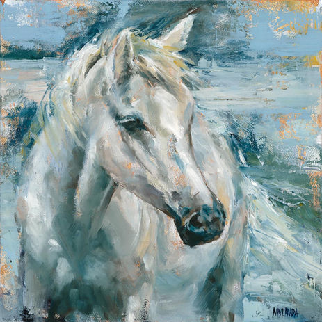 A loose Abstract Realism painting of an arabian horse in coastal colours