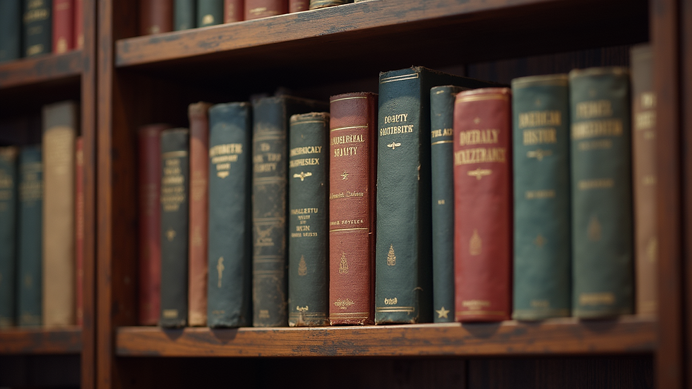 High angle view of a bookshelf filled with American history books