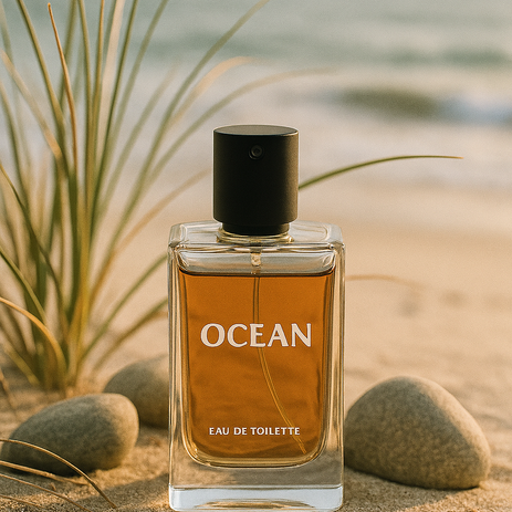 Flacone di profumo Ocean Eau de Toilette su spiaggia con sassi.