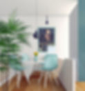 Meeting area with a white table and turqoaise designer chairs