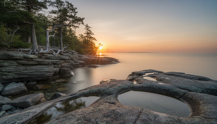 Wide-angle view of the Straits of Mackinac shoreline at sunrise.