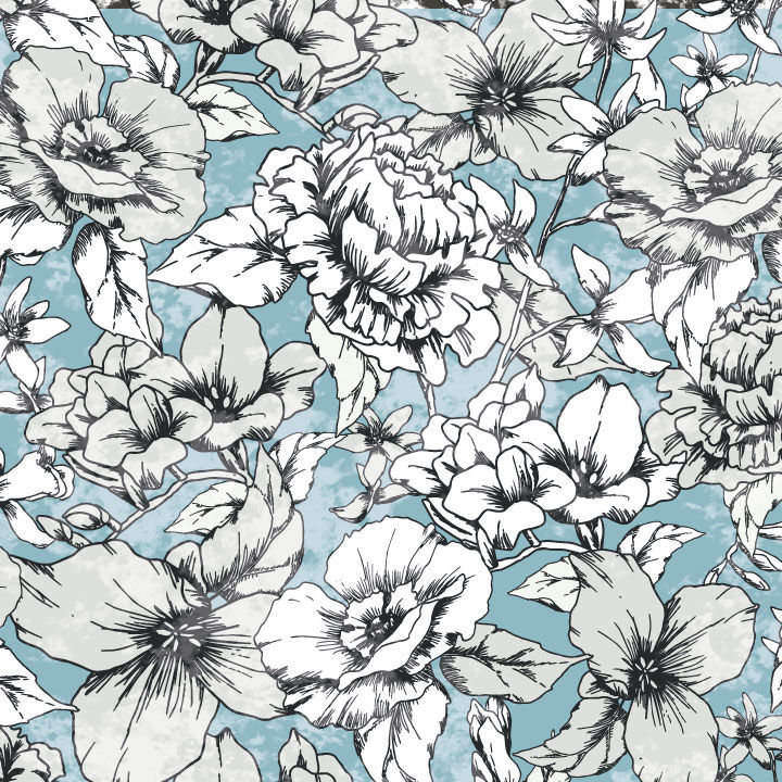 Intricate black and white floral designs grace a soft blue background, creating a delicate and vintage-inspired botanical motif.