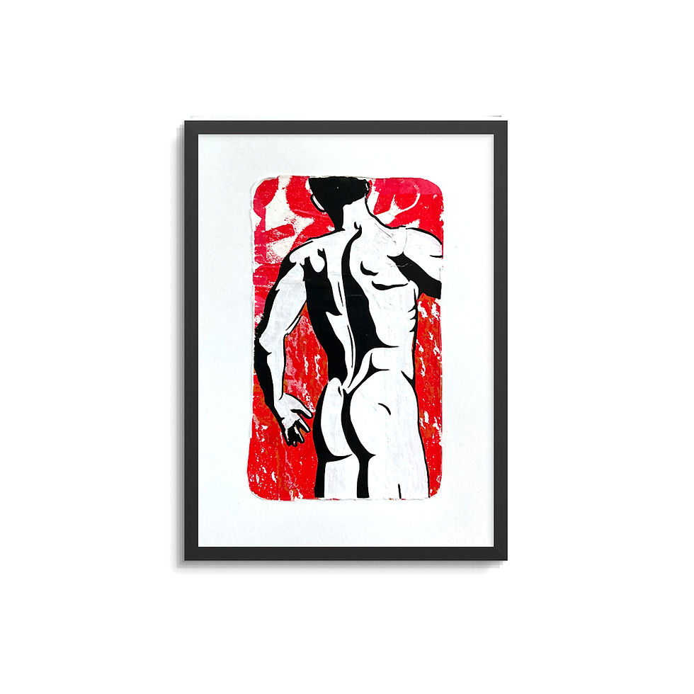 Framed monotype of a male nude in bold black and white against a patterned red background.