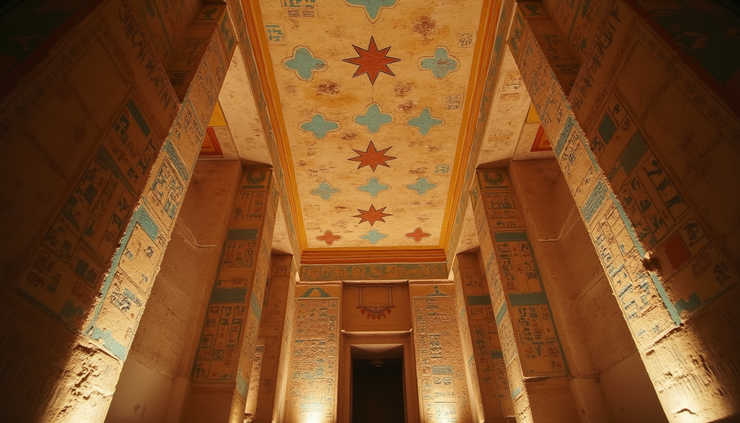 Eye-level view of painted ceiling with star patterns in a New Kingdom tomb