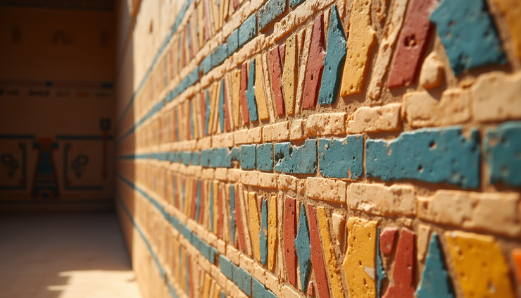 Close-up view of colorful geometric patterns on a New Kingdom Egyptian tomb wall