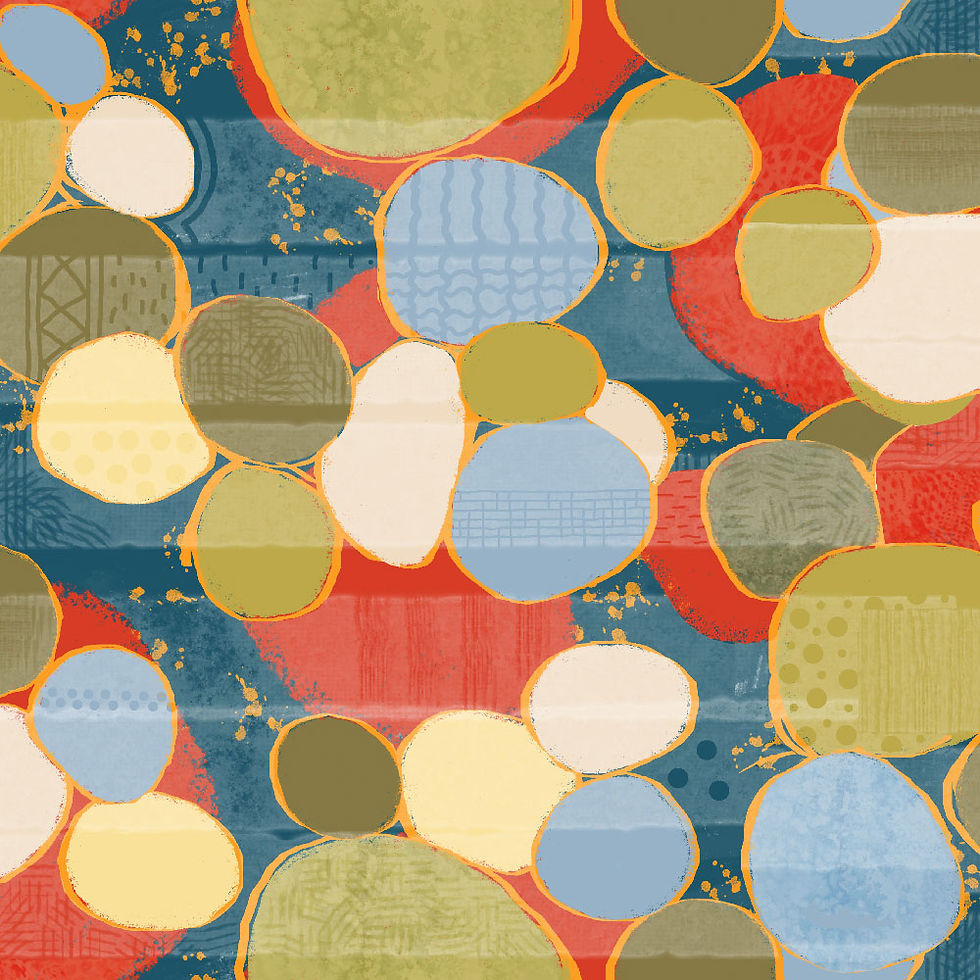 A vibrant and abstract collage of colorful circles layered on a textured background, blending shades of green, red, blue, and yellow to create a dynamic and artistic pattern.