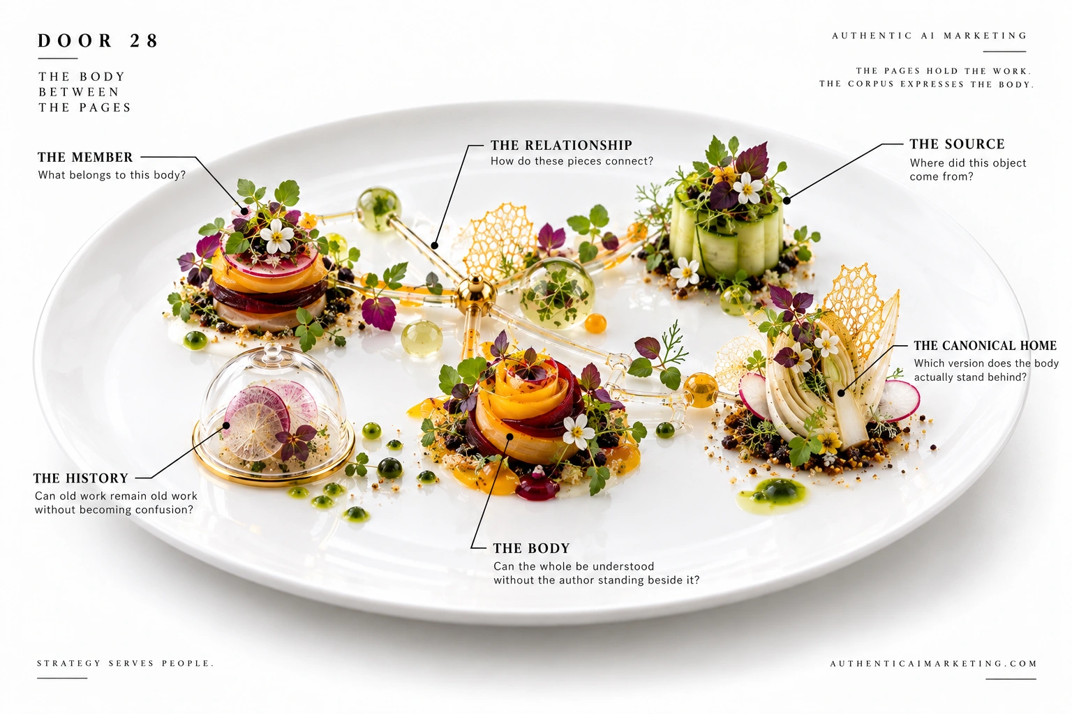 Door 28 diagnostic plate showing a vibrant jewel-toned botanical medley of distinct fresh ingredients organized into one coherent edible body, with clear-and-gold relational architecture connecting membership, source, history, canonical home, and the relationships between the parts.
