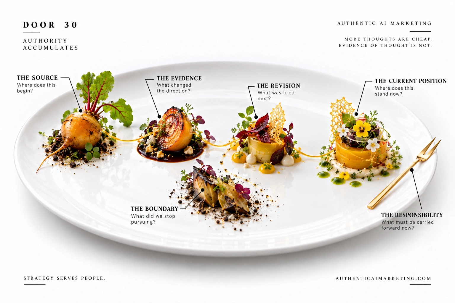 Door 30 diagnostic plate showing one golden root ingredient across successive culinary states, connected by a continuous gold line from source through evidence, revision, boundary, and the current position, with a gold tasting fork marking the human responsibility to stand behind what is served.