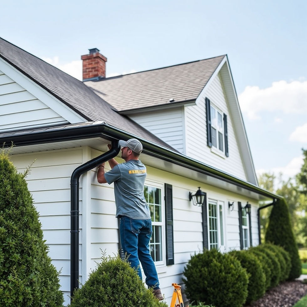 Gutter Installers hanging new black gutters on a nice white farm house.jpg