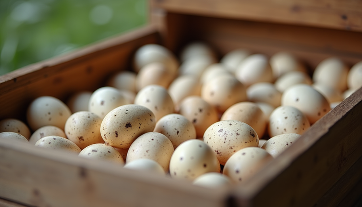 Eye-level view of a rustic wooden crate filled with healthy quail eggs ready for shipping