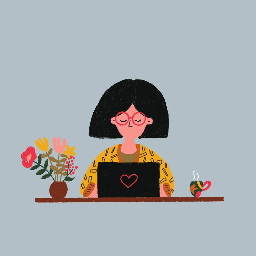 illustration of a women behind a laptop and a paper plane flying away - email sent