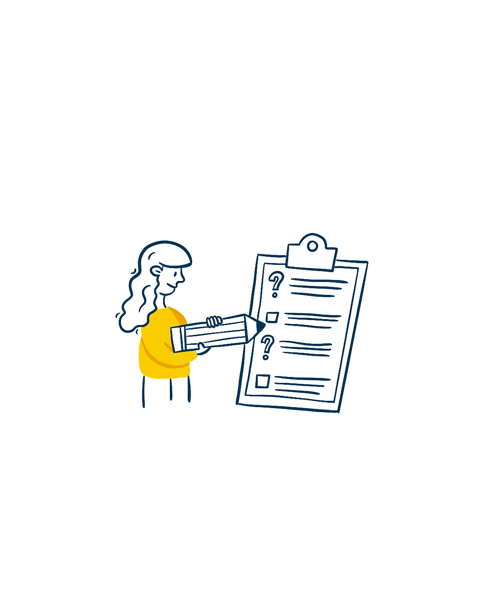 Cartoon woman holding a large pencil next to a checklist clipboard with question marks. She wears a yellow shirt.