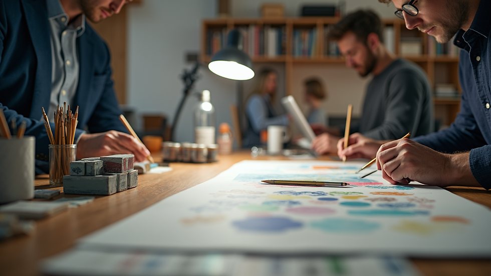 Eye-level view of a professional artist's workspace with branding materials