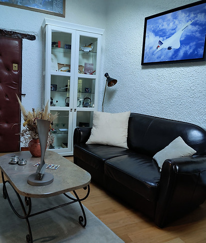 Black leather sofa next to a white display case housing a collection of Concorde models and memorabilia