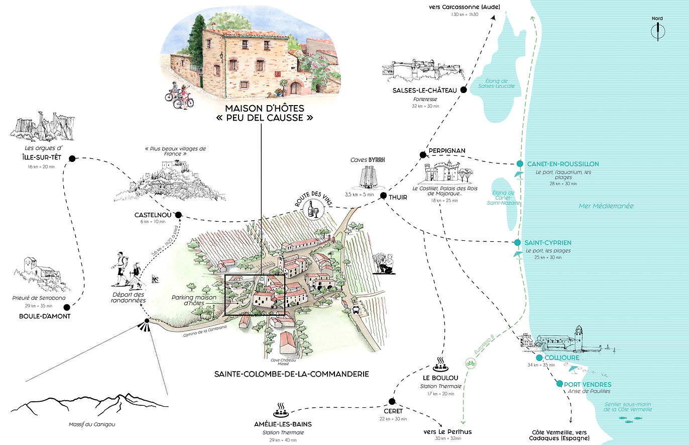 Plan d'accès et carte géographique pour situer l'hébergement dans les Pyrénées-Orientales