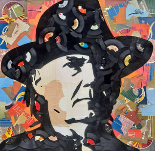 Neil Young portrait created from unplayable vinyl records and recycled album packaging.