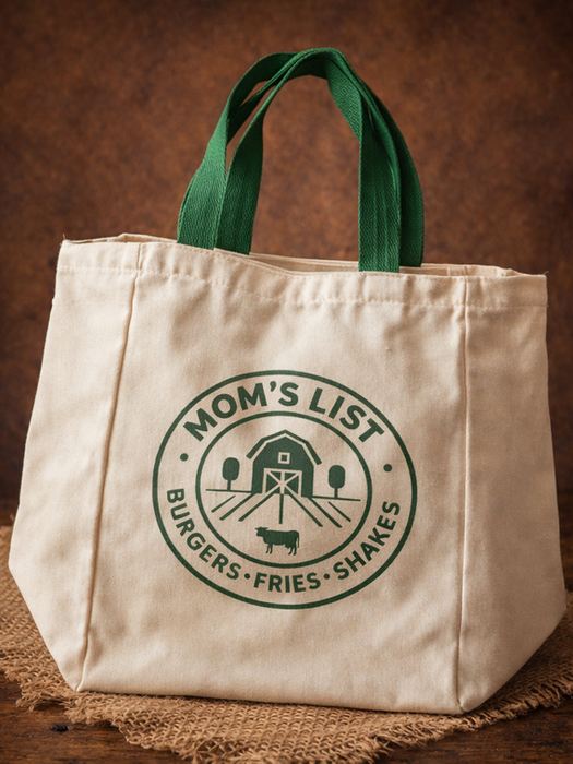 Canvas tote bag with 'Mom's List Burgers Fries Shakes' logo