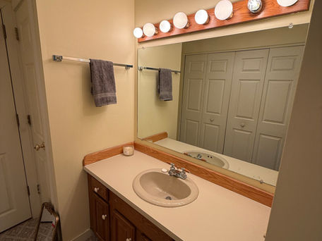 Bathroom with wood vanity, sink, mirror, and lights
