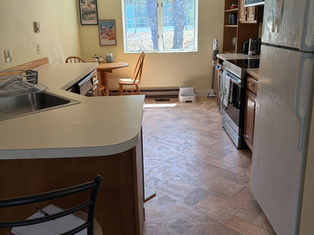 Kitchen counters and refrigerator in the Bridgton Maine vacation rental