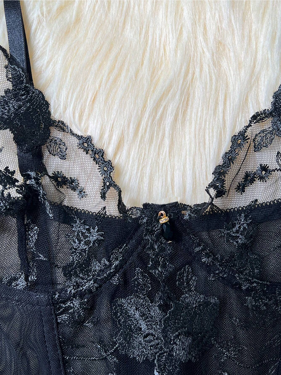 Thumbnail: Black 3-piece lingerie set on a model, featuring a bustier with garter straps and a matching thong