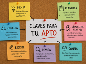 Corcho con post-its de recomendaciones para la tarea escrita del examen DELE y un post-it central con el texto “Claves para tu APTO en el DELE”