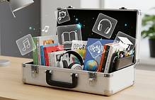 Caja de herramientas con libros e iconos digitales que enlaza a los recursos gratuitos para aprender y enseñar español en Lección-E