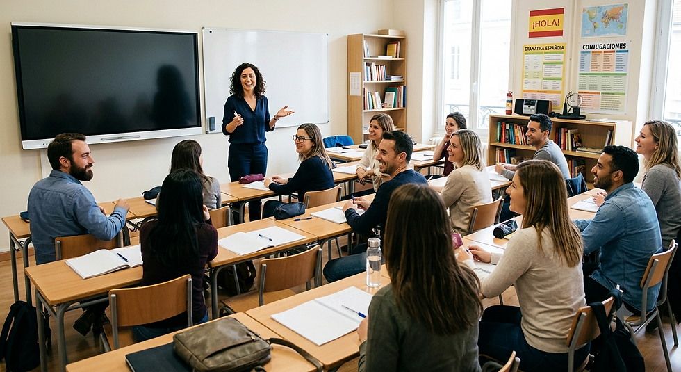 Profesora impartiendo una clase en un aula de ELE con estudiantes internacionales aprendiendo español.