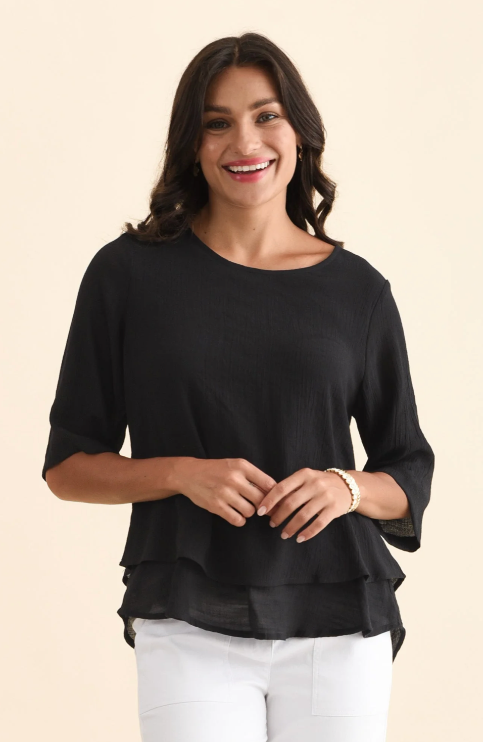 LA MODE - 3/4 Sleeve Layered Top ~ Black