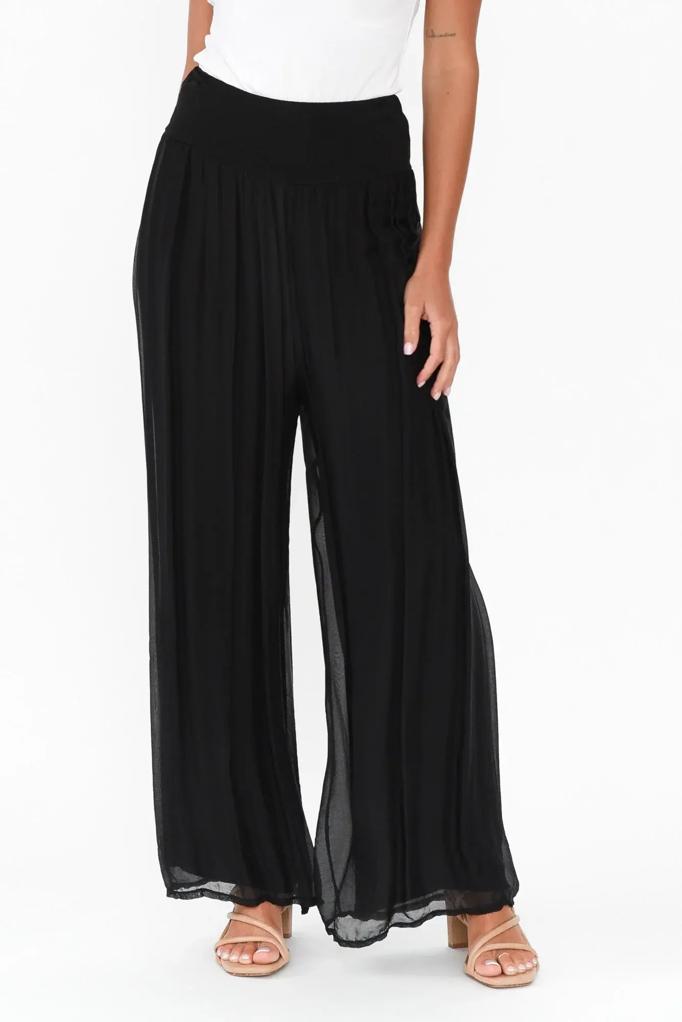LA STRADA - Wide Leg Black Silk Blend Pants