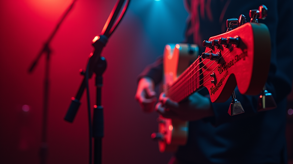Close-up view of a guitar and microphone setup on stage for a tribute band performance