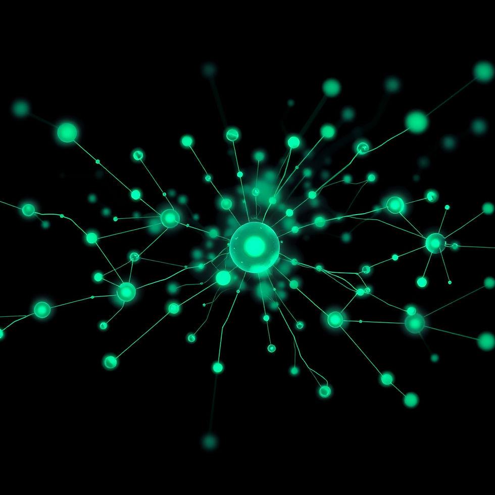 Abstract neural network visualization, vibrant emerald green and teal glowing nodes and co