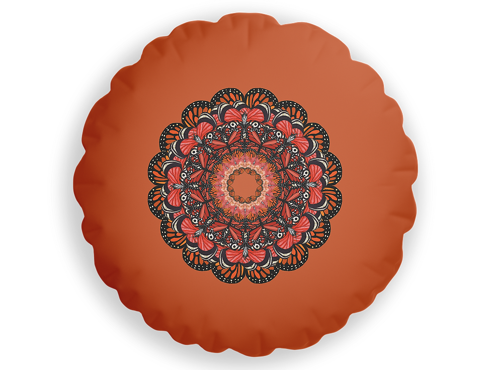 Thumbnail: Round Orange butterfly mandala cushion - reversible